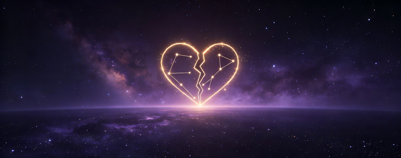 Astrology blog banner showing a glowing broken heart constellation against dark purple nebula background, themed around how each zodiac sign heals from heartbreak