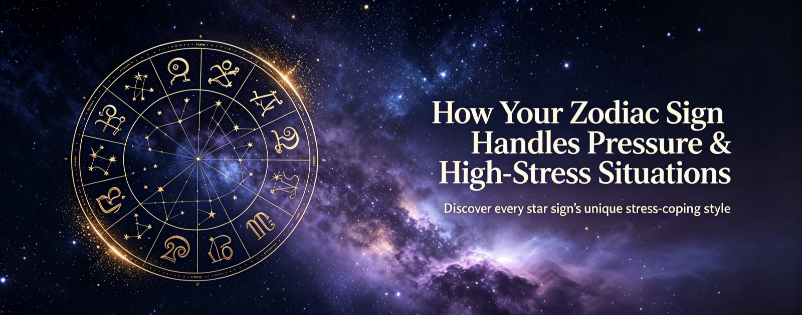 Astrology blog banner showing dark cosmic nebula background and golden zodiac wheel, themed around how your zodiac sign handles pressure and high-stress situations