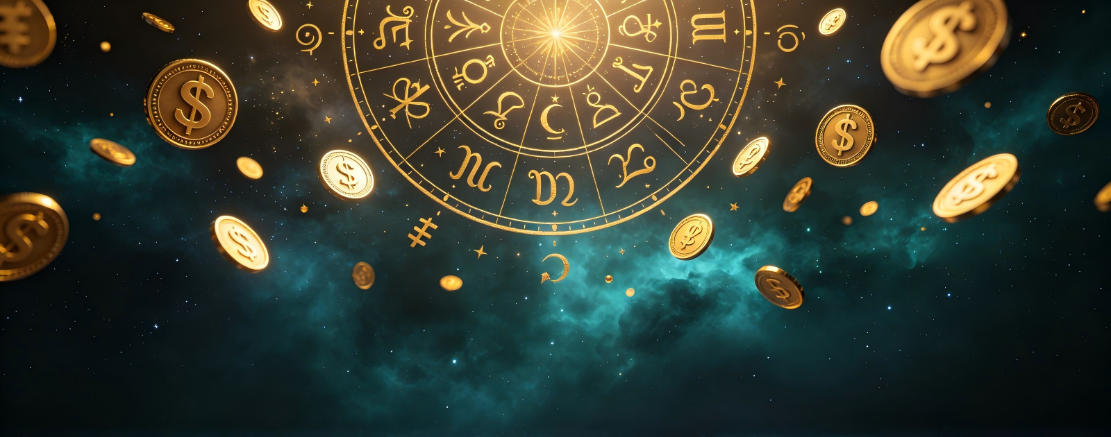 Astrology blog banner showing golden zodiac wheel surrounded by floating gold coins against dark teal nebula background, themed around zodiac money habits and how each star sign handles finances