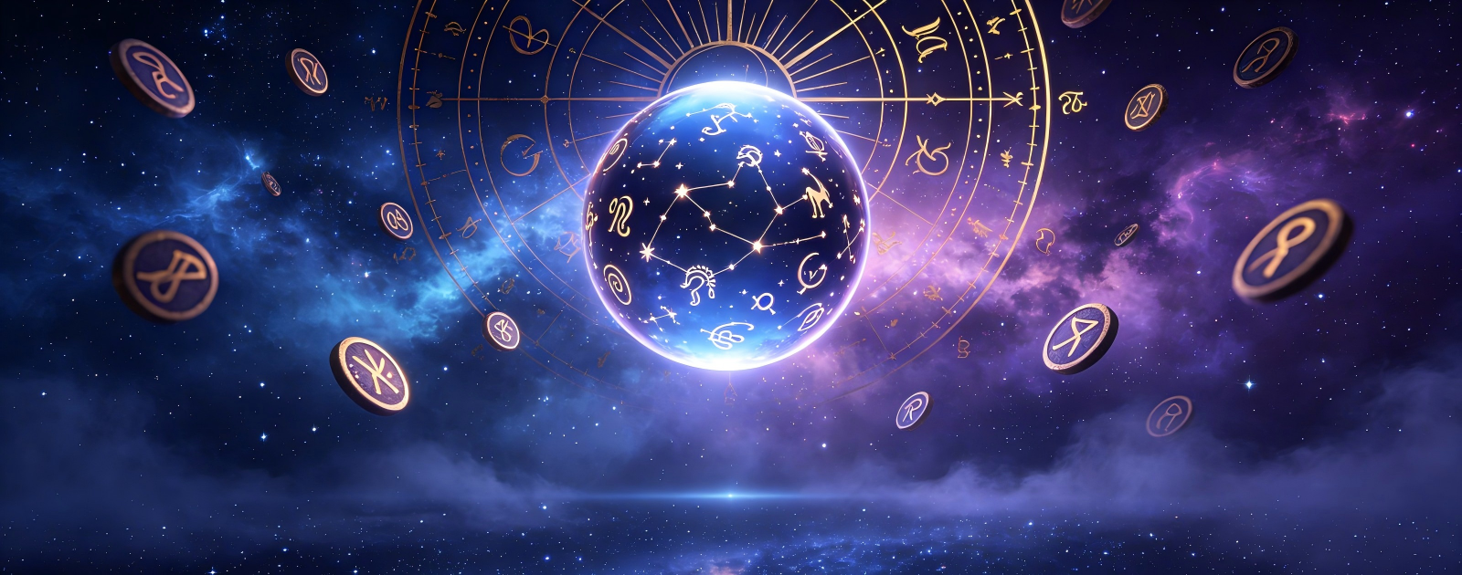 Mystical astrology blog banner showing glowing crystal ball with constellations surrounded by golden zodiac wheel and ancient runes against dark purple starry sky, themed around how each zodiac sign deals with loneliness