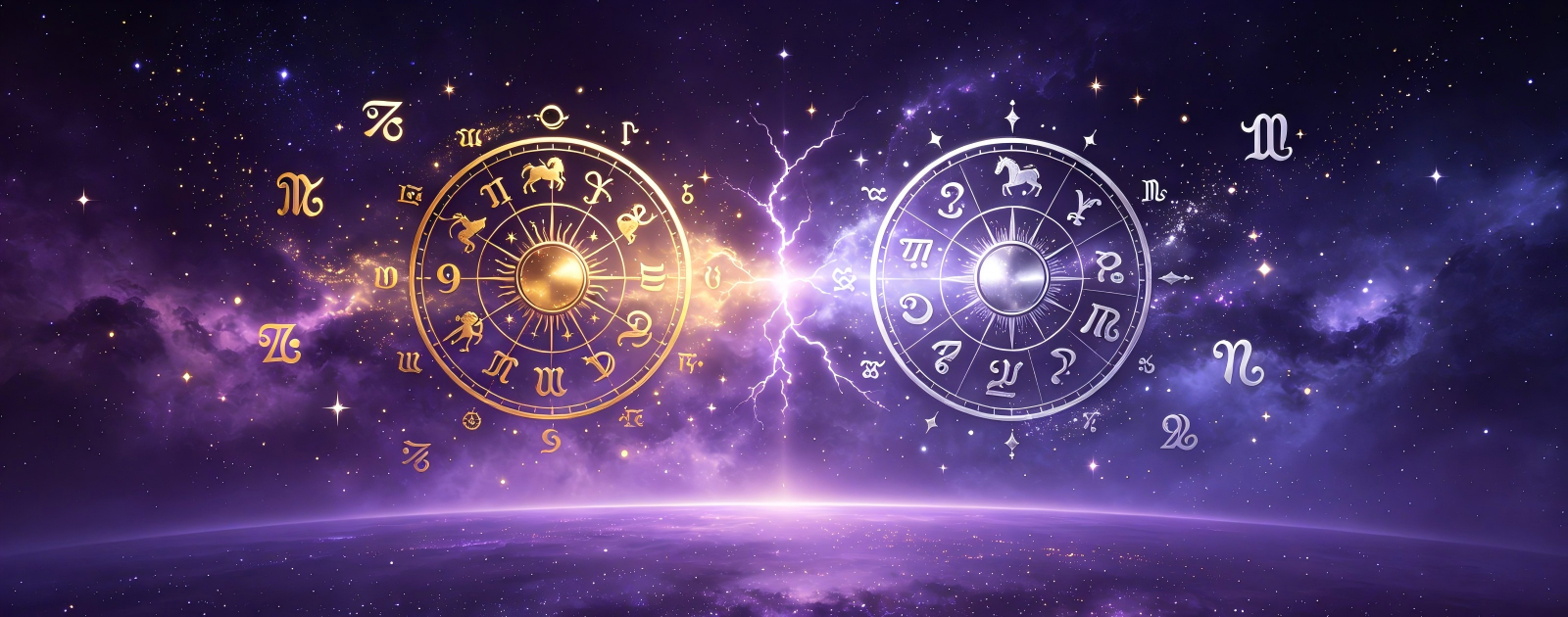 Astrology blog banner showing golden and silver zodiac wheels facing each other with cosmic energy between them against dark purple starry sky, themed around how each zodiac sign handles conflict and arguments