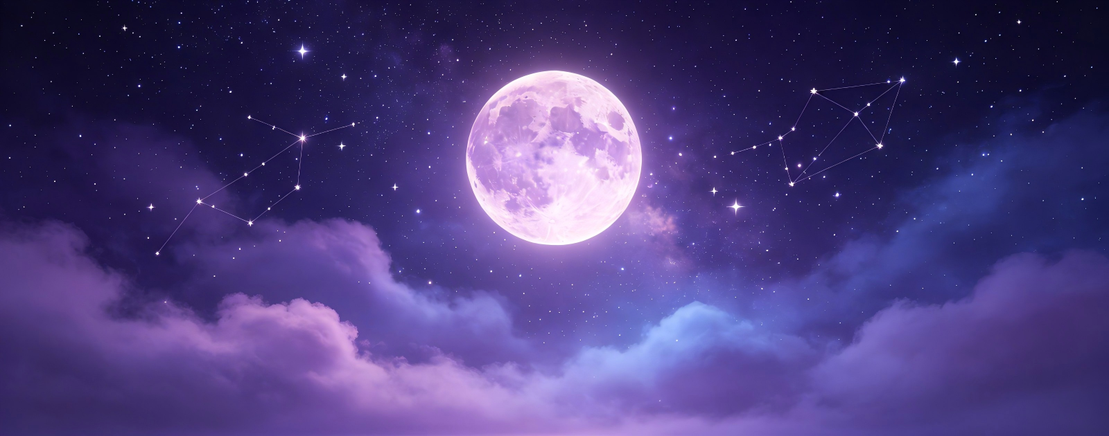 Astrology blog banner showing a glowing purple full moon with constellations and stars above soft clouds in a dark night sky, themed around zodiac sleep habits and how each star sign rests and recharges