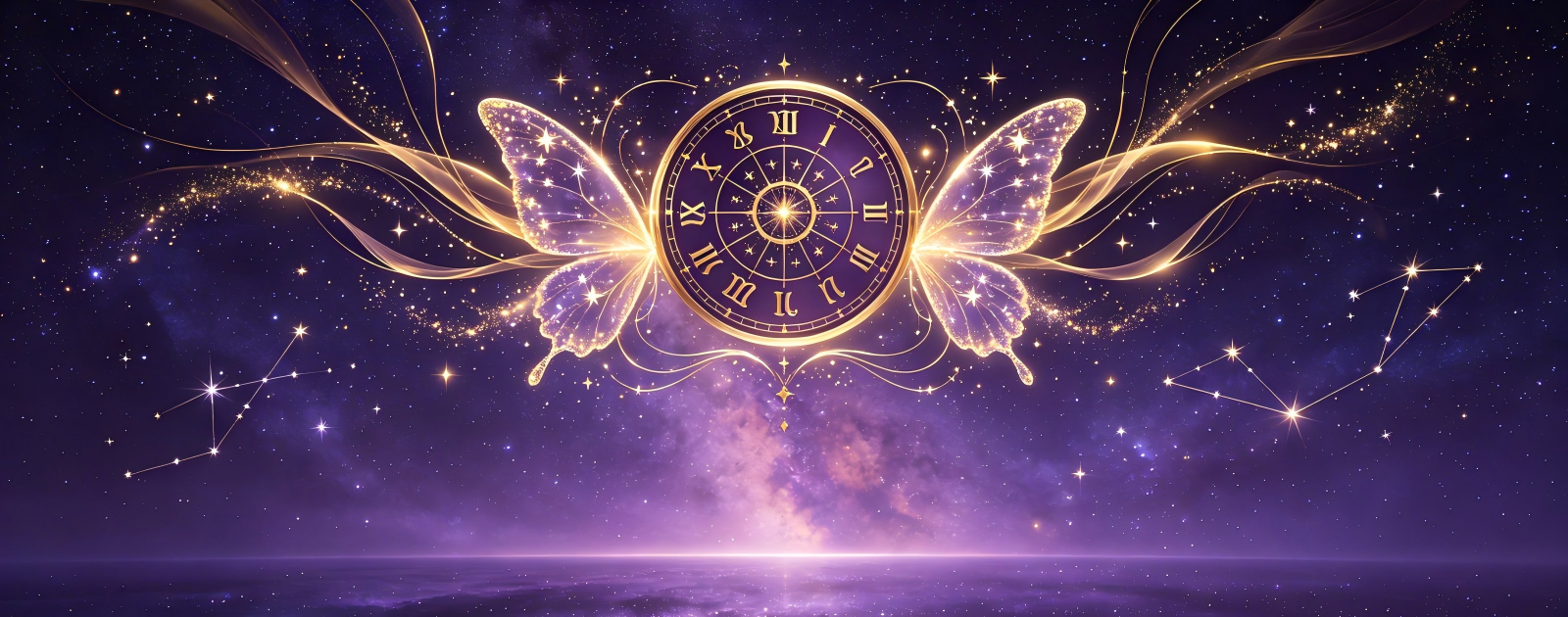 Astrology blog banner showing a golden zodiac wheel with butterfly wings made of stars and light against a dark purple starry sky, themed around how each zodiac sign deals with change and transitions