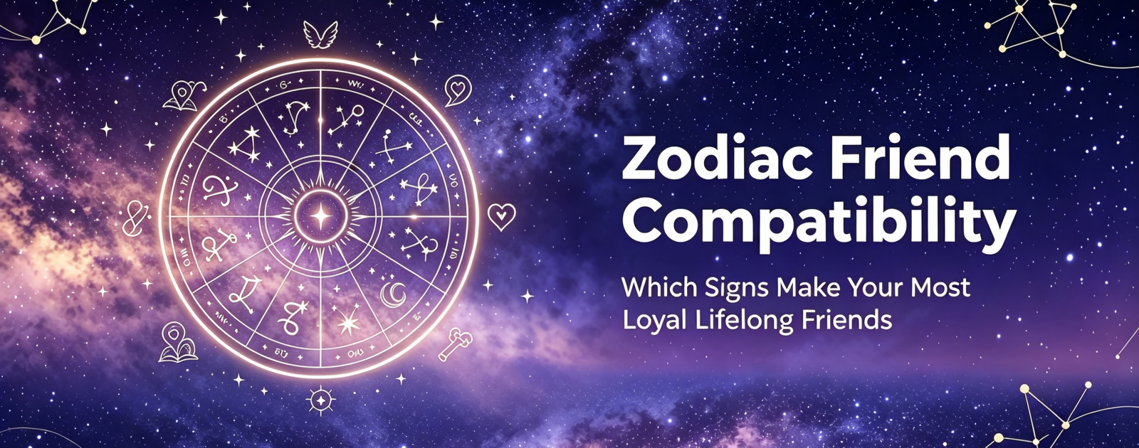 Zodiac friend compatibility banner, astrology blog featured image about loyal lifelong platonic friendships between star signs