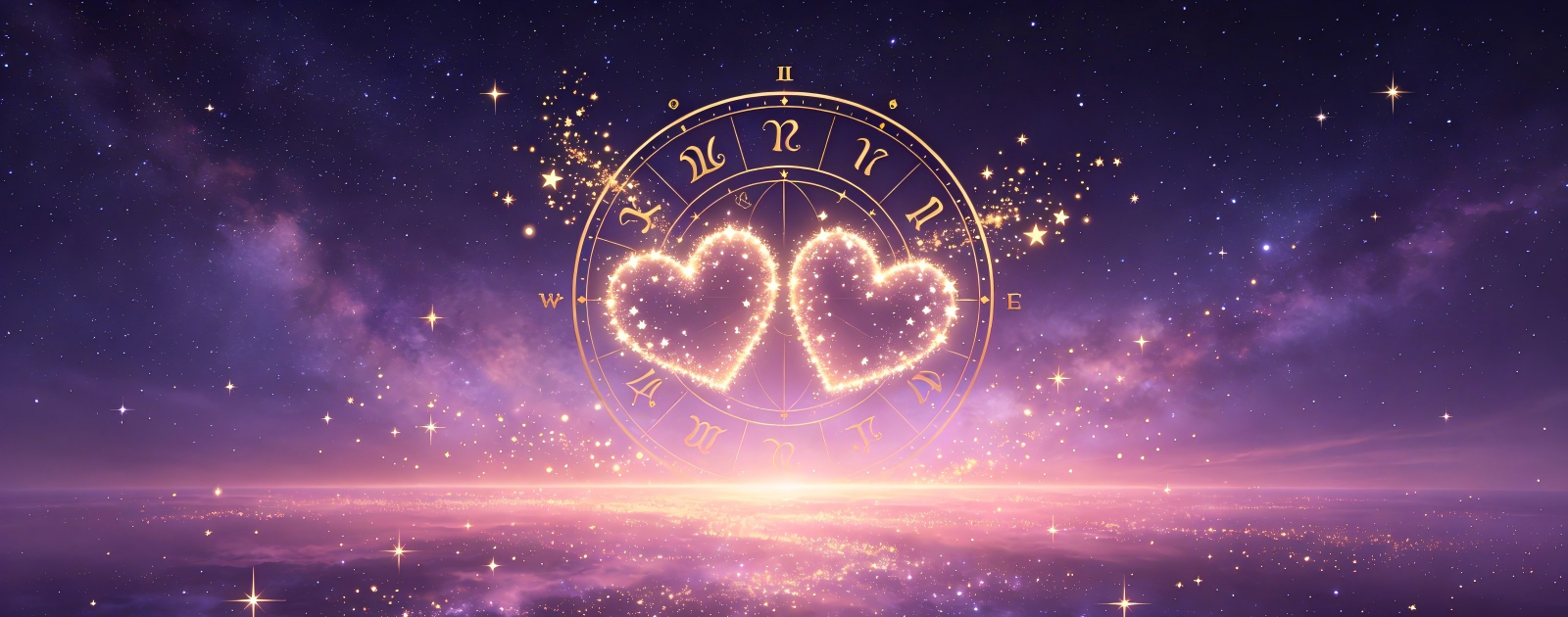 Astrology blog banner showing a golden zodiac wheel with two glowing hearts made of stars and light against a dark purple and pink starry night sky, themed around what each zodiac sign needs in a relationship