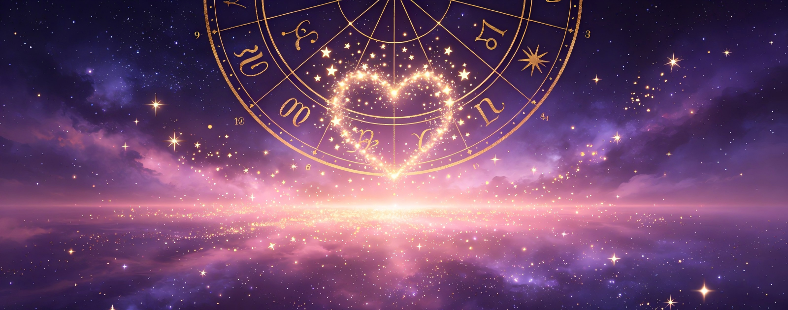 Astrology blog banner showing a golden zodiac wheel with a glowing heart made of stars and light against a dark purple and pink starry night sky, themed around how each zodiac sign shows love and affection