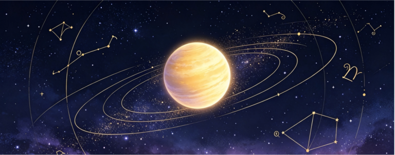 Mercury retrograde survival guide astrology graphic, deep blue starry sky, golden orbital lines, glowing planet and zodiac constellations