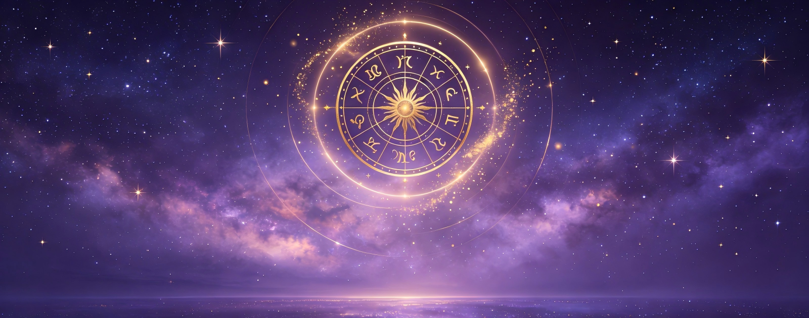 Astrology blog banner showing a golden zodiac wheel with soft glowing calming energy rings against a dark purple starry night sky, themed around how each zodiac sign handles stress and anxiety
