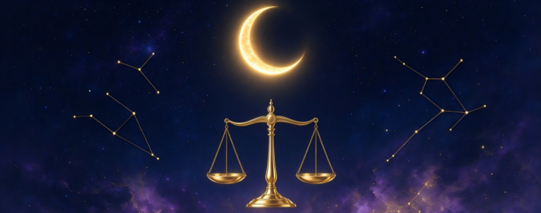 new moon in Libra October 2026 astrology graphic, golden crescent moon and Libra scales with starry sky